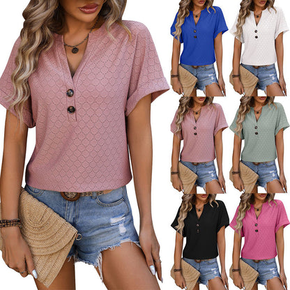 T-shirt à manches courtes ample à pois, col en V, boutonné, couleur unie, printemps-été, pour femme