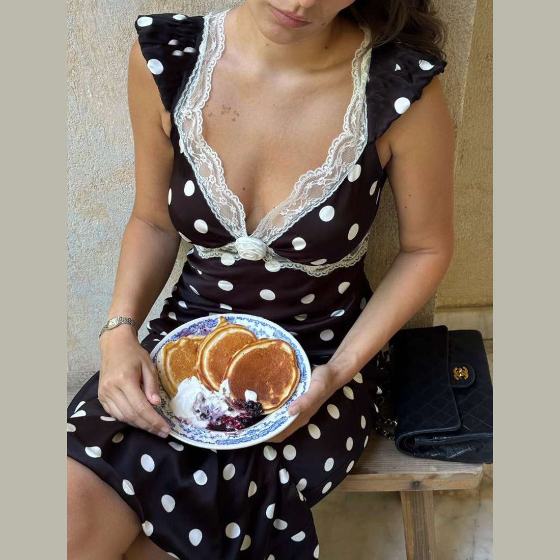 Women Clothing Autumn Elegance Retro V neck Slim Fit Sexy Backless Lace Polka Dot Dress Women