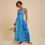 Summer V neck Backless Sexy Positioning Printed Burnt Floral Dress XUYUN