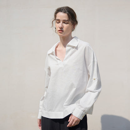 Camisa de manga larga con cuello en V en blanco puro para mujer, camisa holgada de lino para otoño e invierno, top holgado avanzado