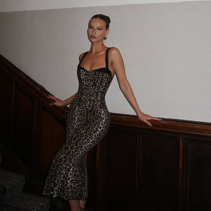 Women Clothing Sexy Sling Leopard Print Dress Slim Fit Sheath Dress