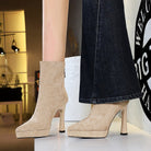 Chunky Heel High Heel Waterproof Platform Boots Women Pointed Toe Suede Stretch Single Boots Skinny Boots Nice Looking Short Boots ForestFootwear