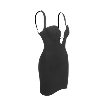 Robe de soirée noire à bretelles et fermeture éclair Furcal, décolleté en V sexy, ourlet asymétrique.