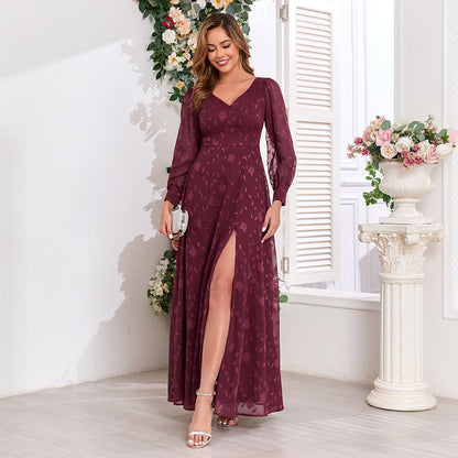 Autumn Quality Long Sleeve Double V neck High Slit Lace Dress Fully Lined Party Back Skirt with Zipper