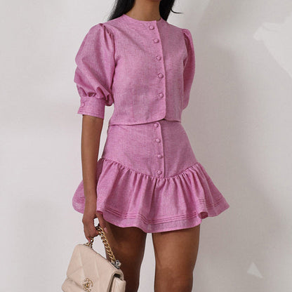Casual Skirt Outfit Puff Sleeve Short Top Stitching A line Skirt Two Piece Set