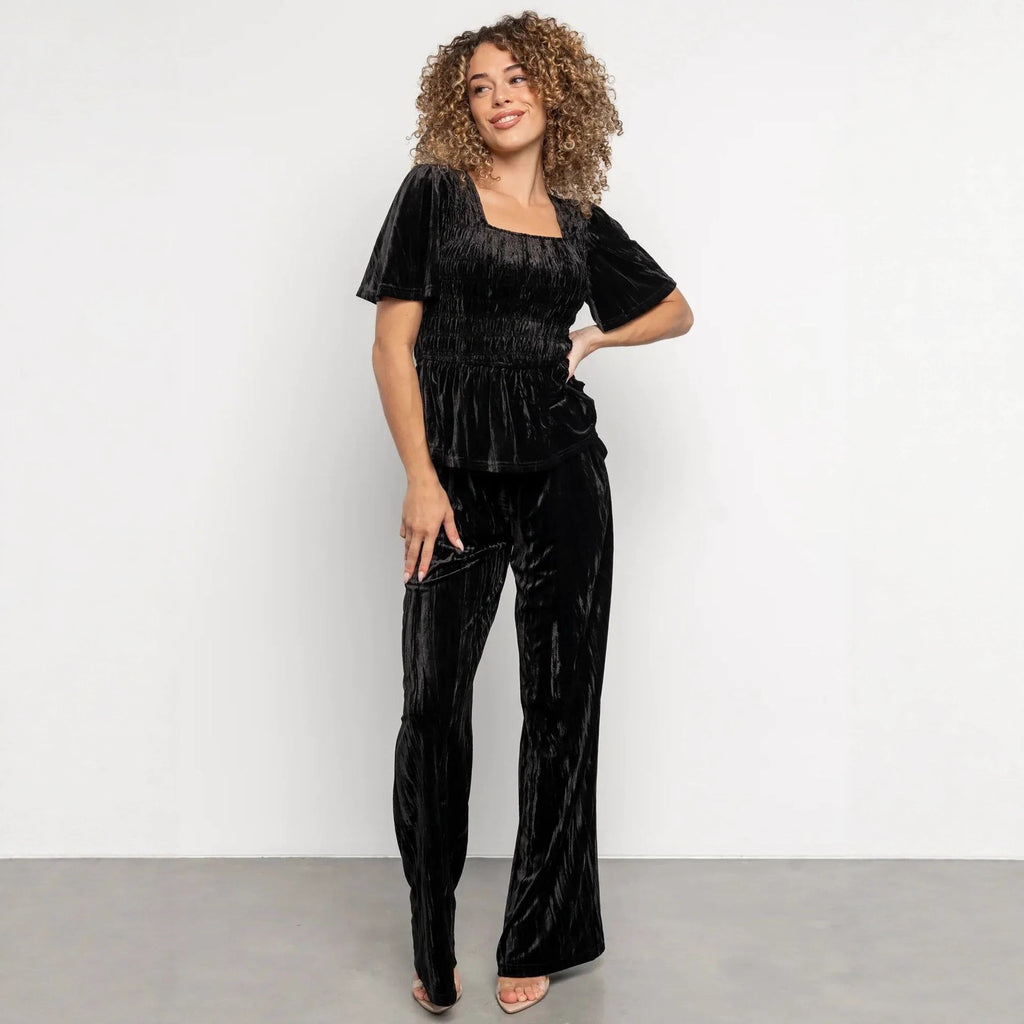 Velvet Women Solid Color Pleated Slim Casual Short Sleeved T shirt Pants Wide Leg Two Piece Set DREAMCHIN