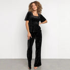 Velvet Women Solid Color Pleated Slim Casual Short Sleeved T shirt Pants Wide Leg Two Piece Set DREAMCHIN