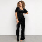Velvet Women Solid Color Pleated Slim Casual Short Sleeved T shirt Pants Wide Leg Two Piece Set DREAMCHIN