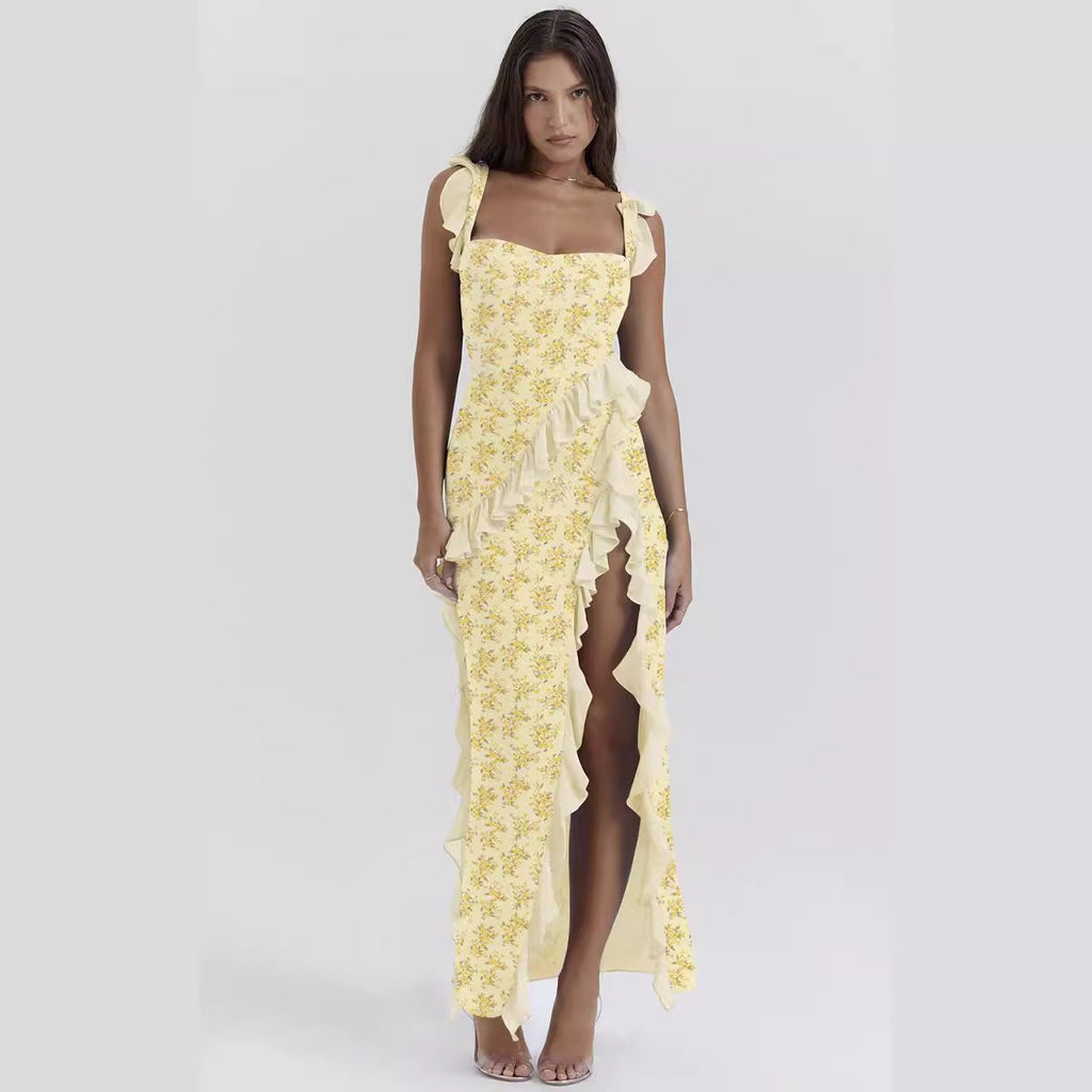 Vestido de verano con tirantes franceses, orejas de madera, estampado sexy y dividido