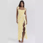 Vestido de verano con tirantes franceses, orejas de madera, estampado sexy y dividido
