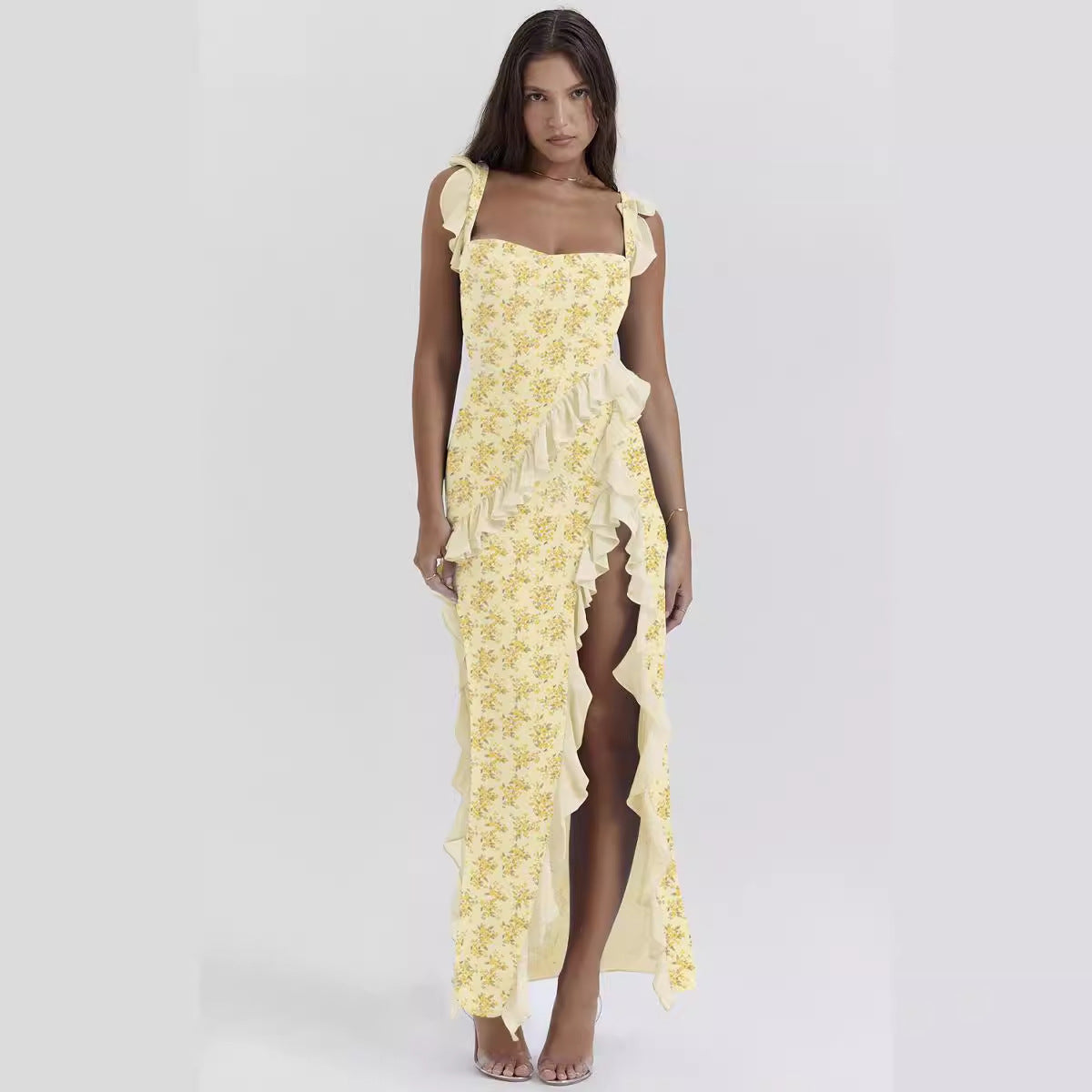 Vestido de verano con tirantes franceses, orejas de madera, estampado sexy y dividido