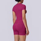 Seamless Knitted Yoga Clothes Slim Fit Short Sleeved Shorts High Waist Peach Hip Lifting Three Section Waist Fitness Yoga Set NESHA