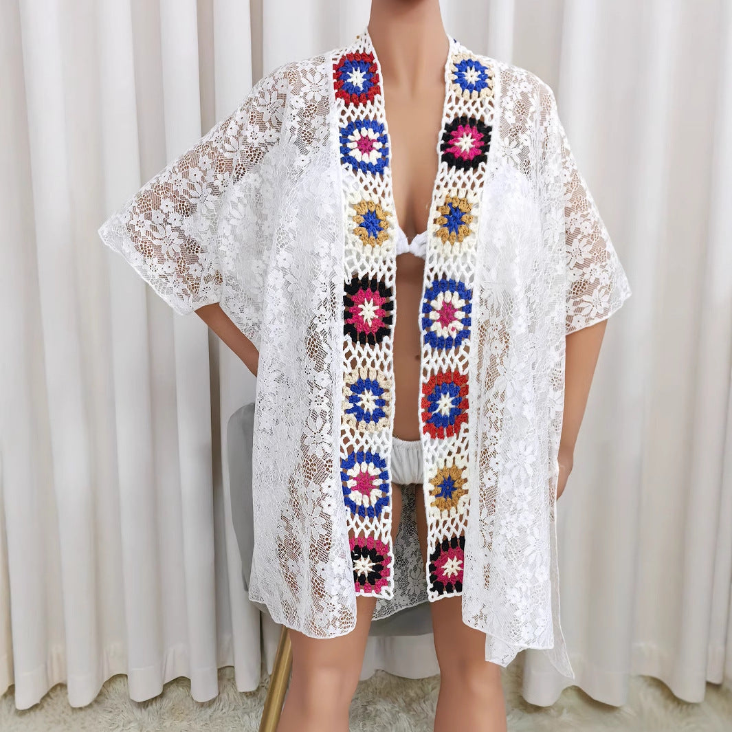 Ladies Overclothes Beach Cover up Random Color Hand Crocheting Stitching Lace Sexy See through Sun Protection Cardigan Oyimi