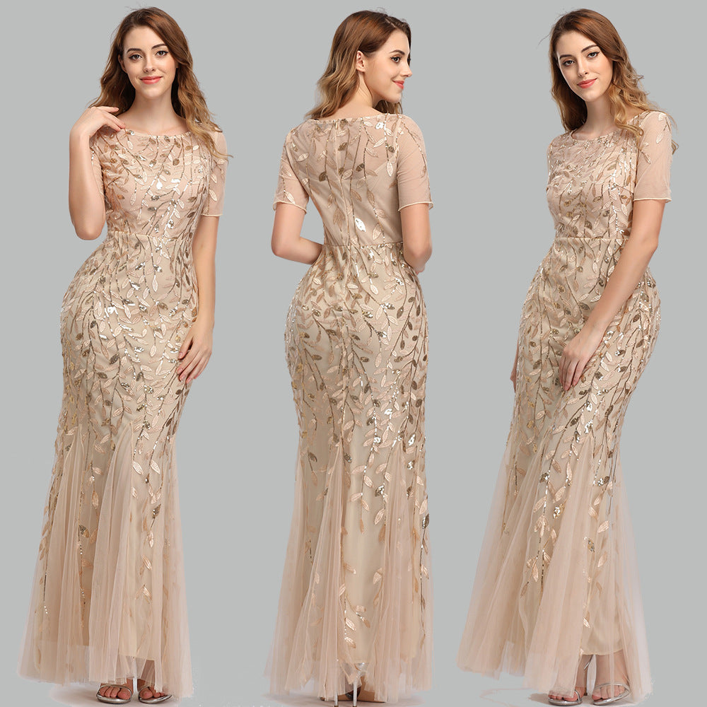 Summer Autumn Banquet Host Slim Mesh Sequ Evening Dress Fishtail Dress for Women HENGACHI