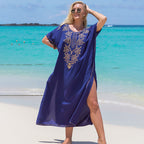 Bata de playa holgada con bordado azul, para vacaciones, para playa, protección solar, bikini, traje de baño, blusa