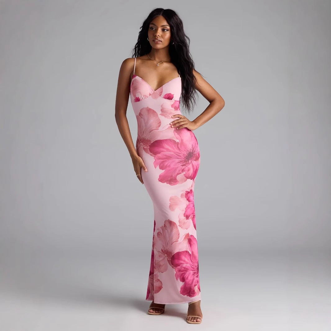 Summer Women Clothing Sexy Printing V-neck Brace Backless Slimming Dress WensDiva