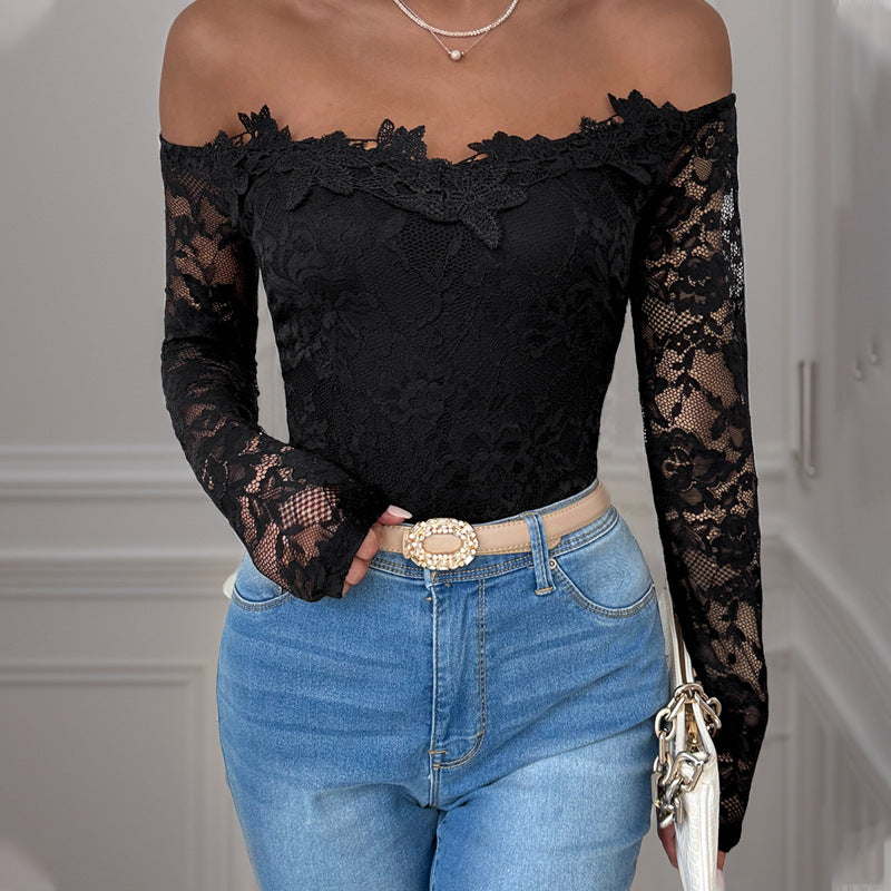 Mono negro de manga larga con costuras de encaje para mujer de otoño