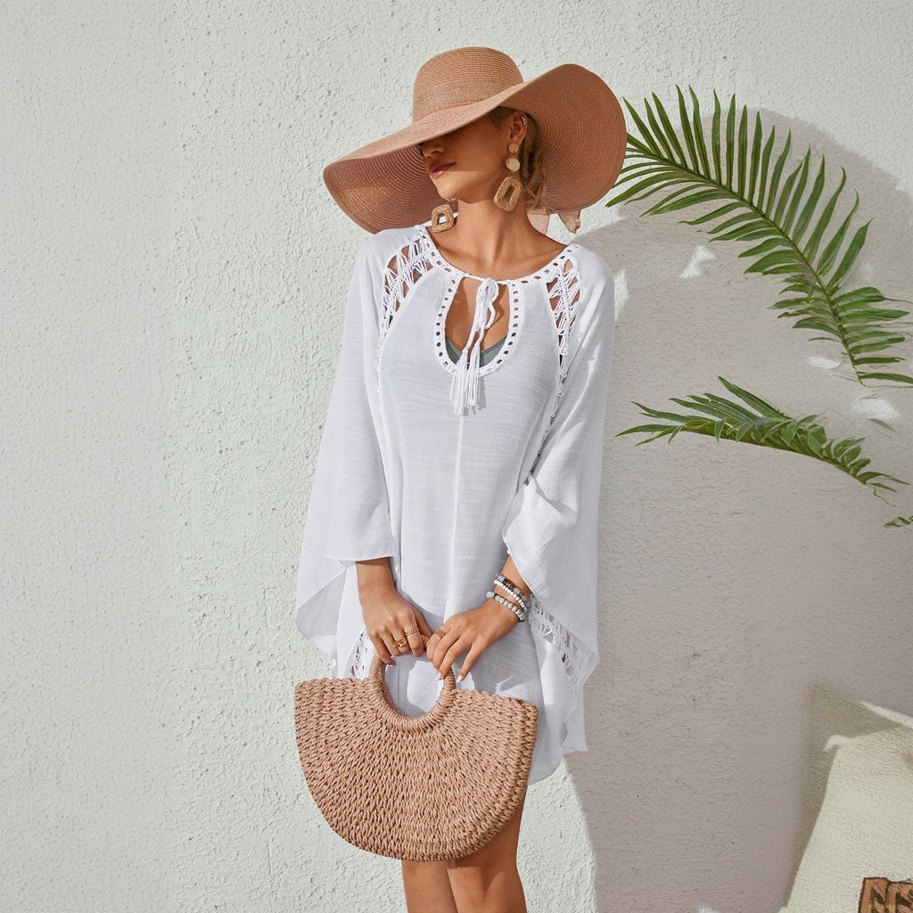 Women Bow Tie Pullover Bikini Swimsuit Blouse Solid Color Loose Sun Proof Clothes Mangar