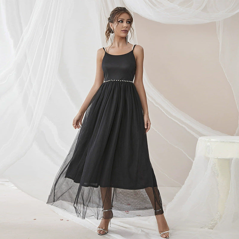 Black Dress Sexy A line Slip Dress Mesh Stitching Sleeveless Dress Slimming MIYA