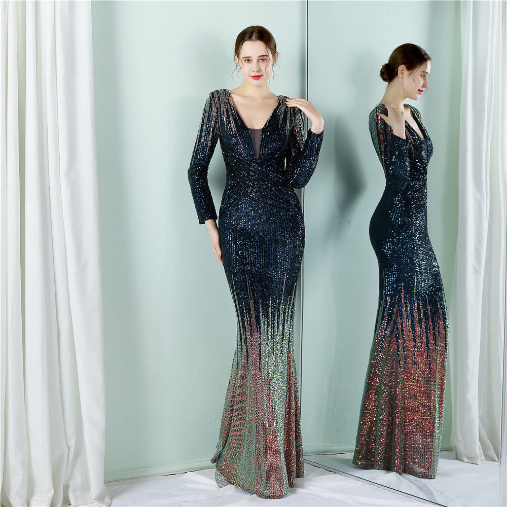 Gradient Sequin Long Sleeve Evening Dress Spring Summer Long Sequ Dress Toast Dress YENYU