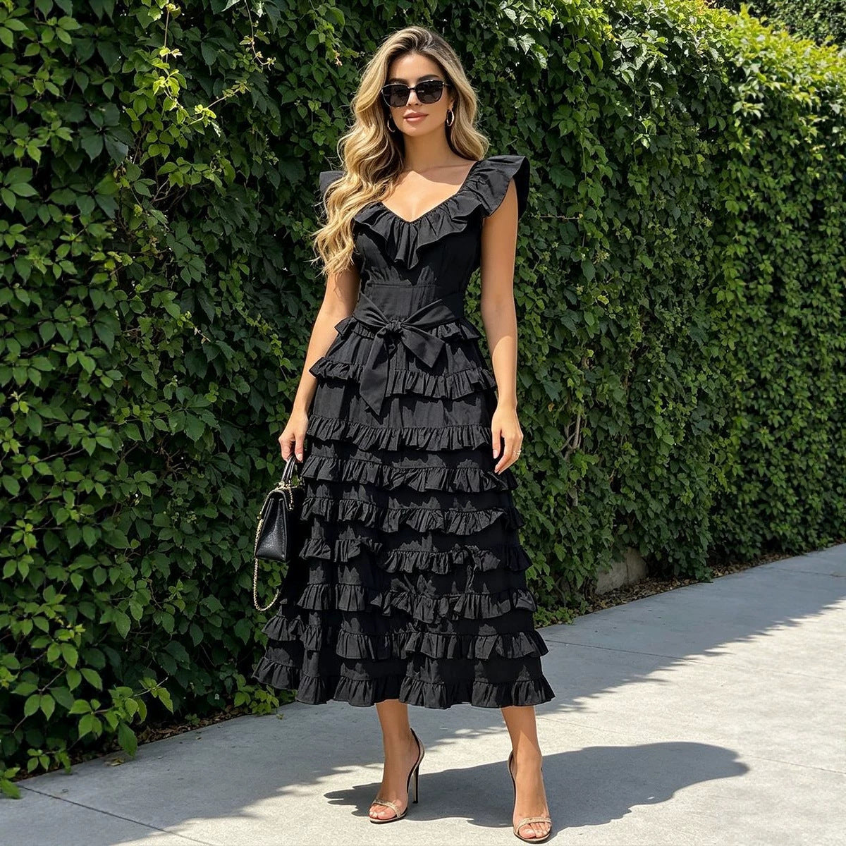 Summer Elegant Retro Flying Sleeves V neck Waist Controlled Slimming Solid Color Tiered Dress Women Sailfish