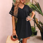 Summer Women Clothing Beach Vacation Dress V neck Mesh Sleeves Pleated Dress Qube
