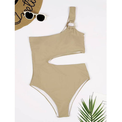 Traje de baño de una pieza de color sólido para mujer, traje de baño sexy con cintura ahuecada, traje de baño de un solo hombro, traje de baño bicolor