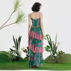 Autumn Floral Print Pleated Suspender Chiffon Midi Dress XUYUN