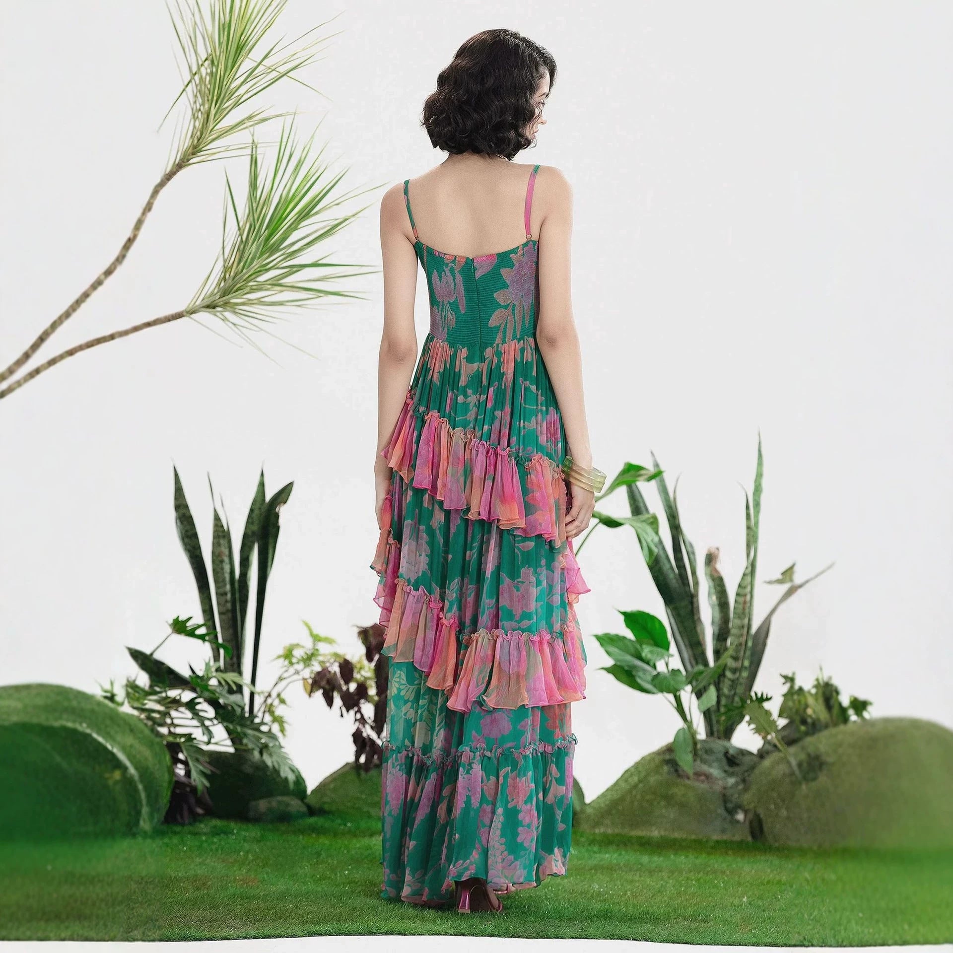 Autumn Floral Print Pleated Suspender Chiffon Midi Dress XUYUN