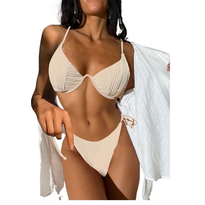 Swimsuit Ladies Solid Color Two Piece Underwire Water Ripple Fabric Bikini