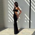 Autumn Women Clothing Sexy Tube Top Halter Lace up Backless Slit Dress YIMAIL