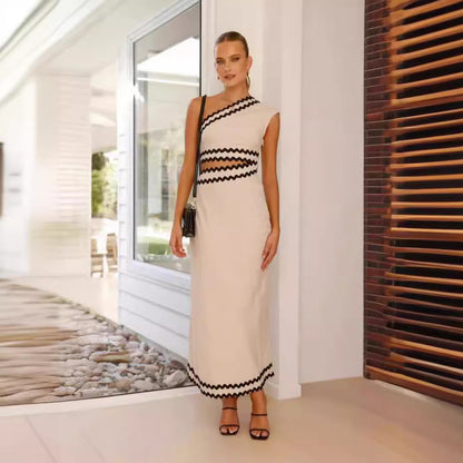 Summer Women Clothing Elegant Diagonal Collar Lace Stitching Maxi Dress XUYUN