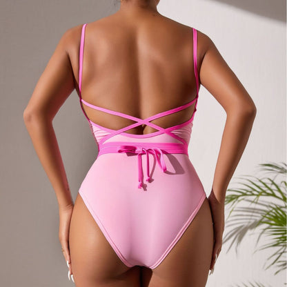 Traje de baño sexy de color contrastante, traje de baño sin espalda con tirantes y aberturas para mujer