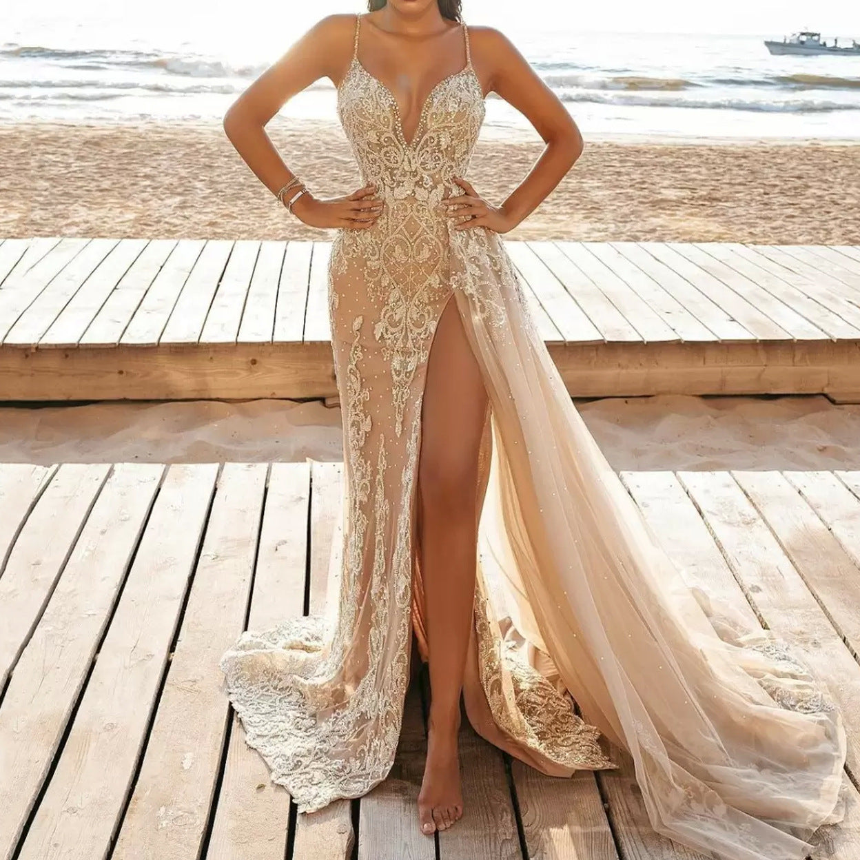 Robe d'été pour femme, bretelles spaghetti, sans manches, en résille ajourée, robe longue