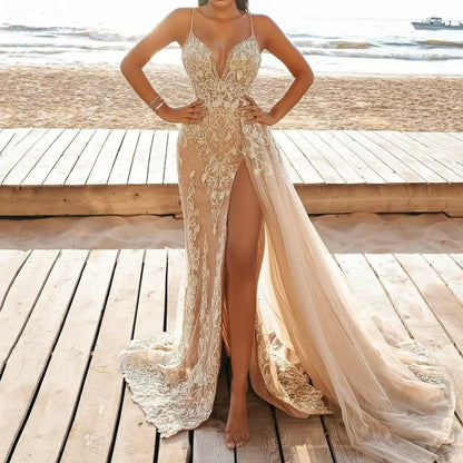 Robe d'été pour femme, bretelles spaghetti, sans manches, en résille ajourée, robe longue