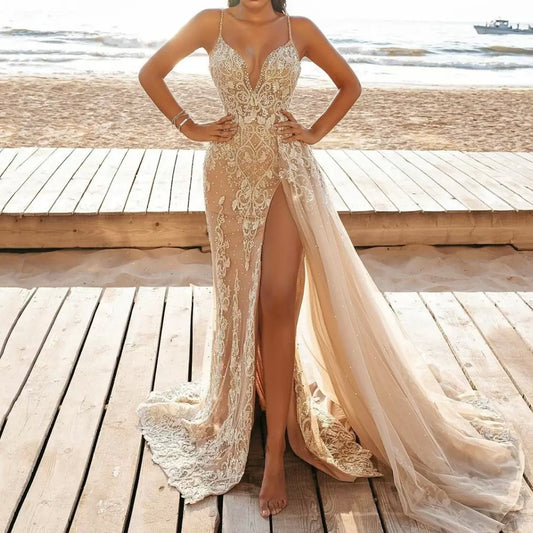 Vestido de verano para mujer, tirantes finos, sin mangas, de malla, con aberturas, maxivestido