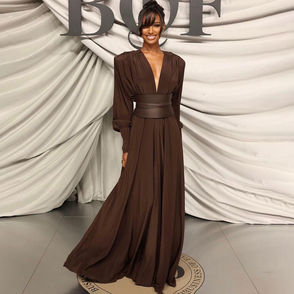 Spring Summer Chocolate Design Waist Seal Pleated Dress Brown Women Dress Sight