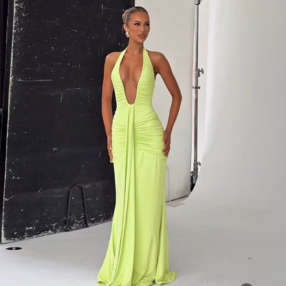 Spring Summer Women Elegant Sexy Deep V Plunge neck Halter Slim Pleated Dress Women
