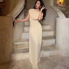 Summer Women Clothing Elegant One Shoulder Cold Shoulder Waist Tight Long Solid Color Dress Cecil