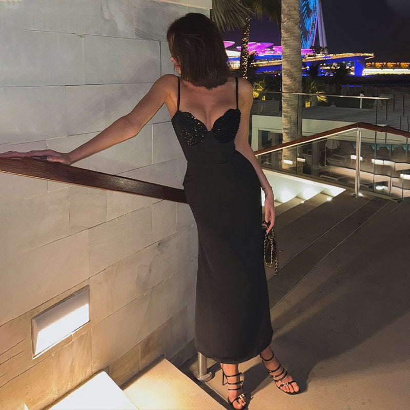 Vestido de cóctel de noche de lujo, sexy, ligero, con escote en V y cintura ceñida, con costuras de lentejuelas