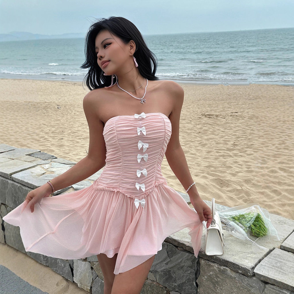 Women Clothing Mesh Stitching Bandage Waist Short Strapless Dress Sexy off the Shoulder Irregular Asymmetric Mini Dress LingSharp