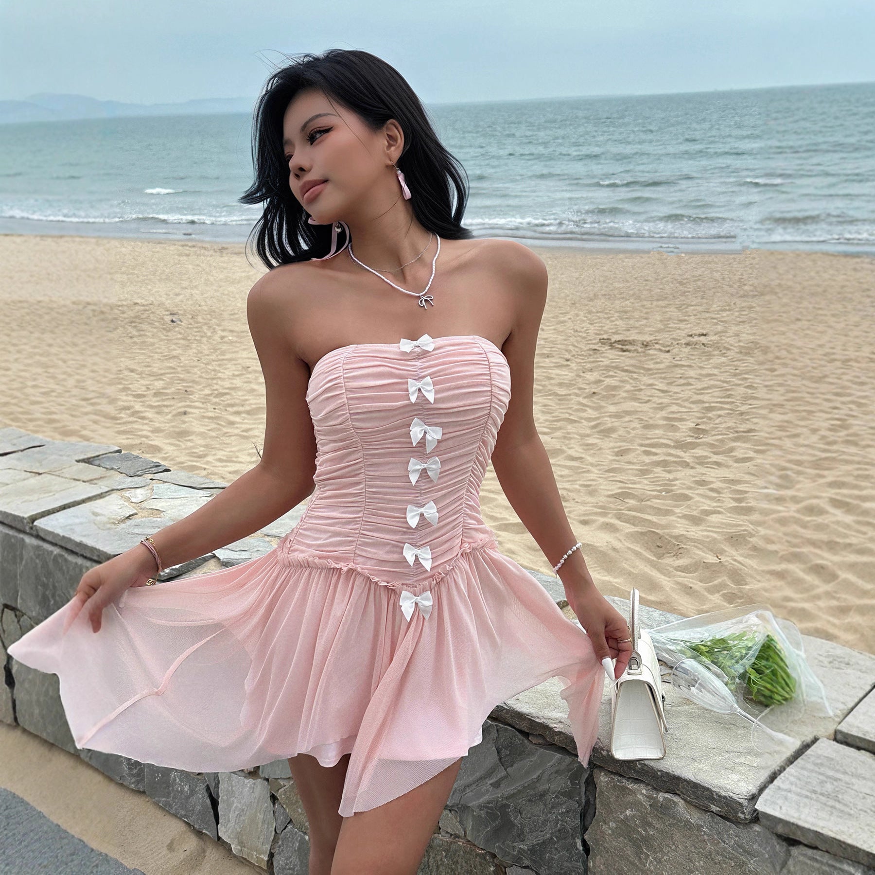 Women Clothing Mesh Stitching Bandage Waist Short Strapless Dress Sexy off the Shoulder Irregular Asymmetric Mini Dress LingSharp