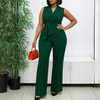 Summer Solid Color Sleeveless Collar Lace up Wide Leg Pants Jumpsuit Morn