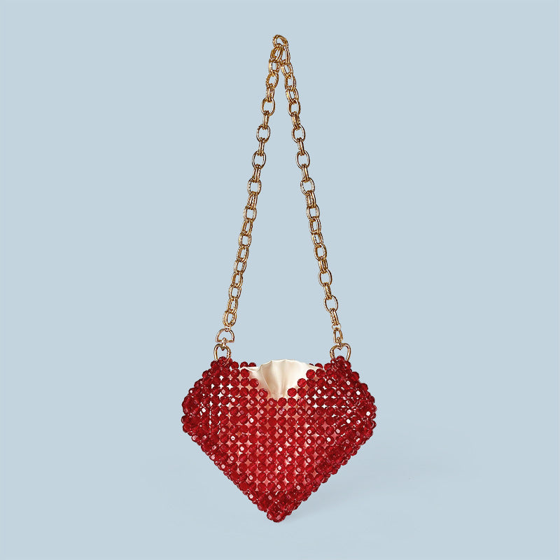 Red Love Heart Beaded Bag Hand Woven Bag Red Beads Bag Crossbody Shoulder Bag Finished Bag