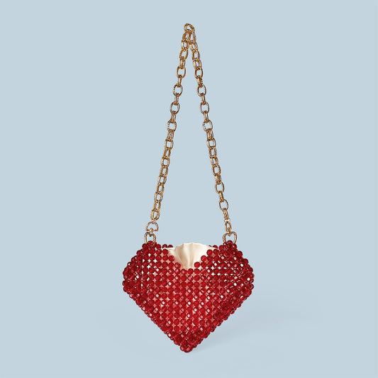 Red Love Heart Beaded Bag Hand Woven Bag Red Beads Bag Crossbody Shoulder Bag Finished Bag