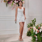 Robe sexy fendue en dentelle avec coutures en dentelle, robe de fée, robe de déesse à bretelles et queue d'hirondelle