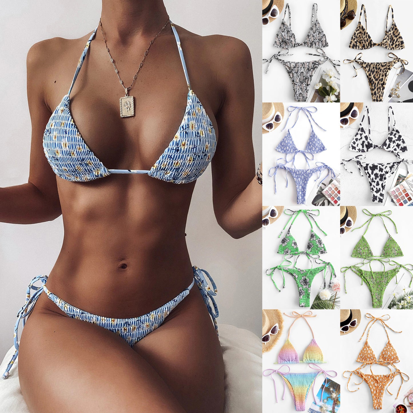 Ladies Sexy Split Smocking Printed Triangle Bikini