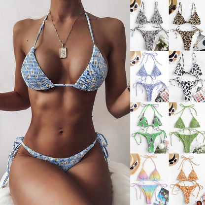 Ladies Sexy Split Smocking Printed Triangle Bikini