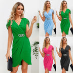 Vestido de verano con escote en V, plisado, ajustado, de manga corta, sexy y elegante, para mujer