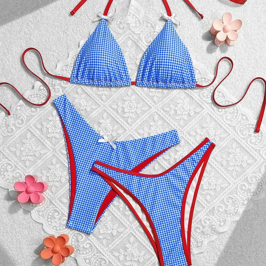 Traje de baño de verano con lazo floral a cuadros para mujer, bikini dividido para vacaciones